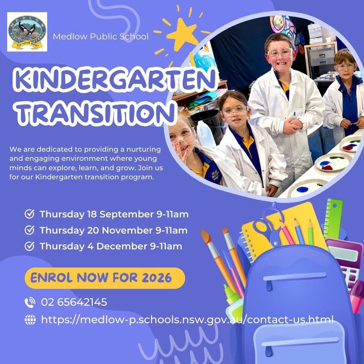 Poster of Kindergarten transition day with a photo of four students wearing white coats